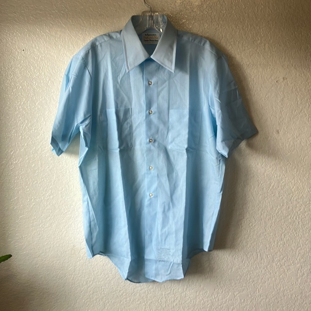 Arrow Belmont Club Decton Perma-Iron Made in USA Blue Short Sleeve Shirt men 16